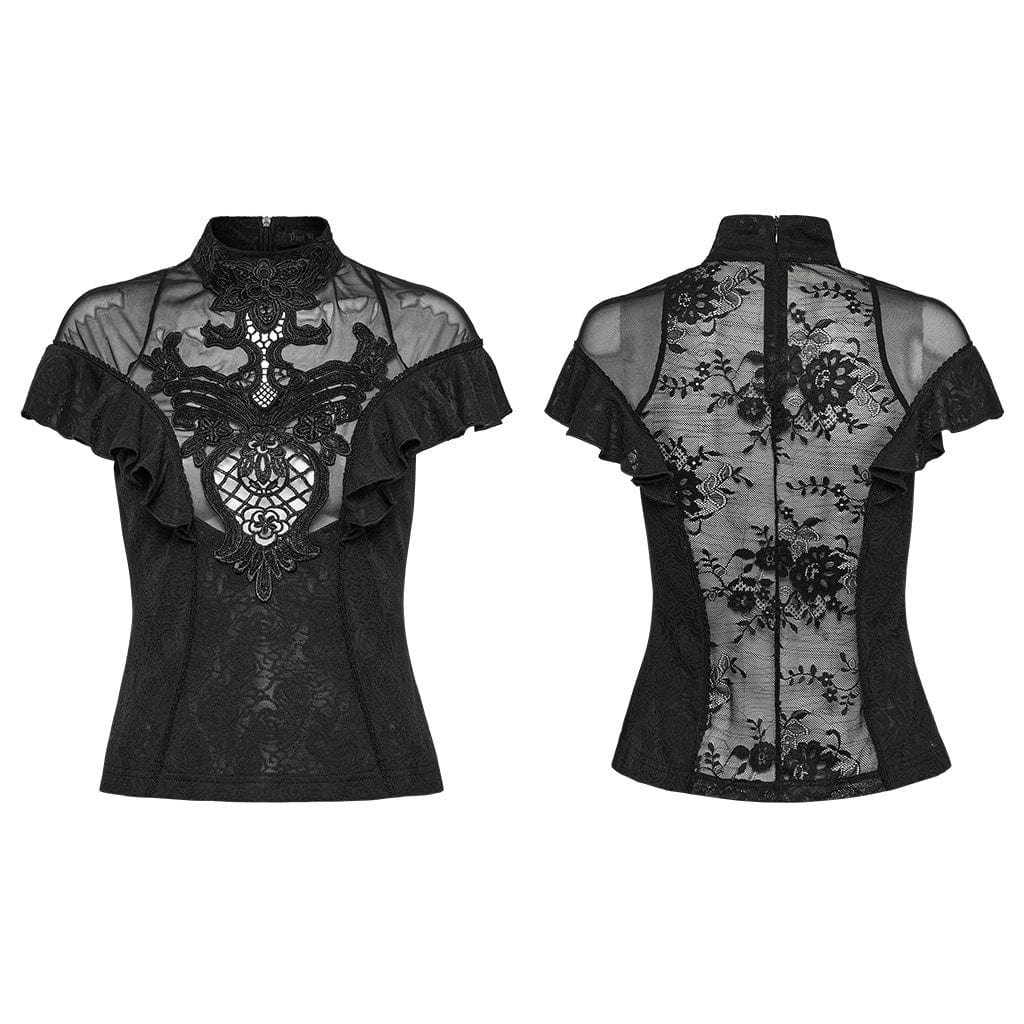 PUNK RAVE Women's Gothic Stand Collar Ruffled Lace Shirt