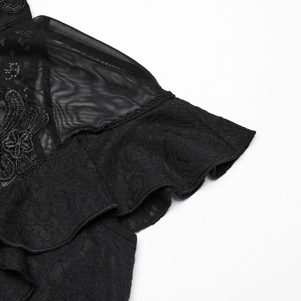 PUNK RAVE Women's Gothic Stand Collar Ruffled Lace Shirt