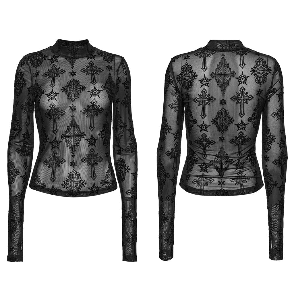 PUNK RAVE Women's Gothic Star Cross Flocking Mesh T-shirt