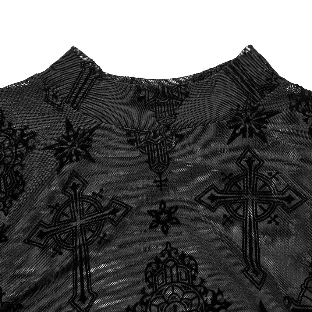 PUNK RAVE Women's Gothic Star Cross Flocking Mesh T-shirt