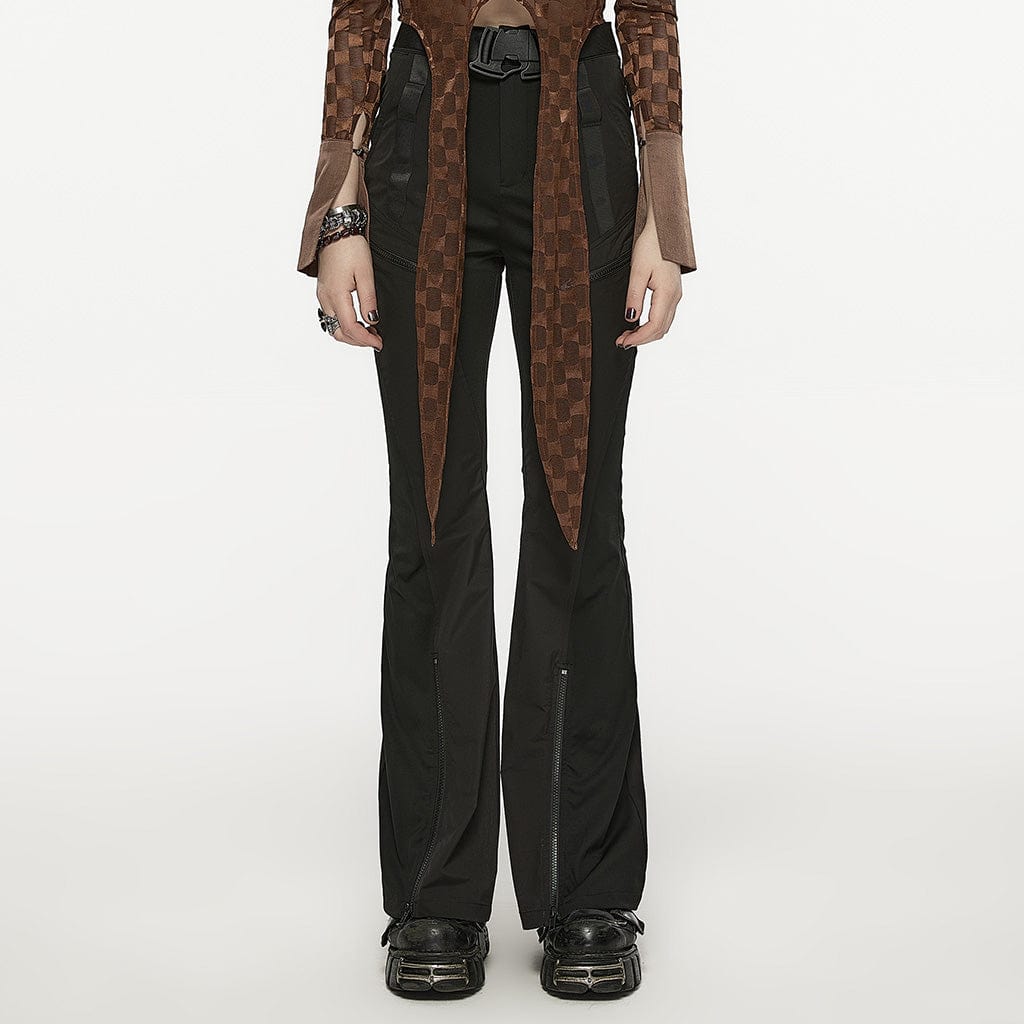 PUNK RAVE Women's Gothic Strap Splice Buckle Flared Pants