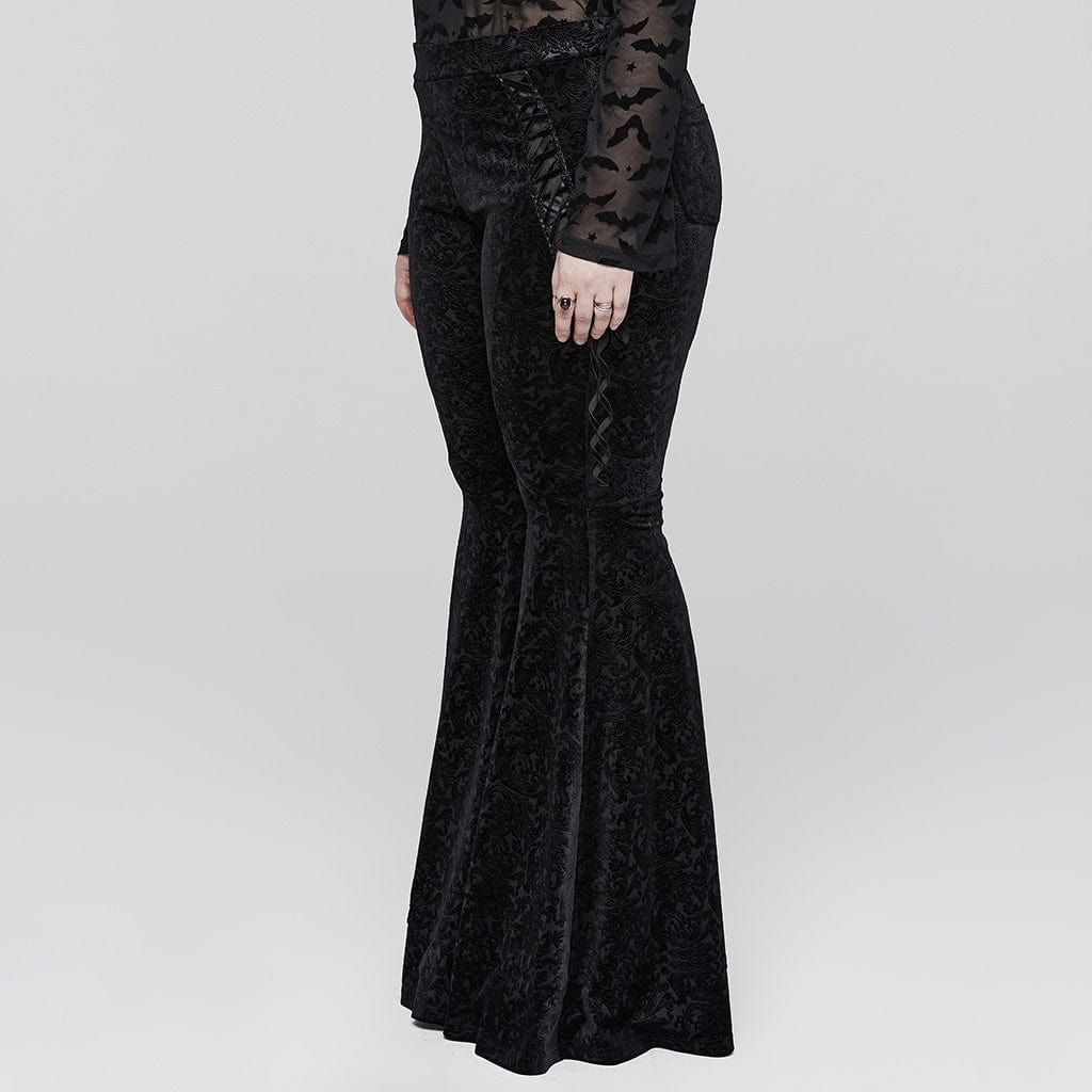 PUNK RAVE Women's Gothic Strappy Jacquard Flared Pants