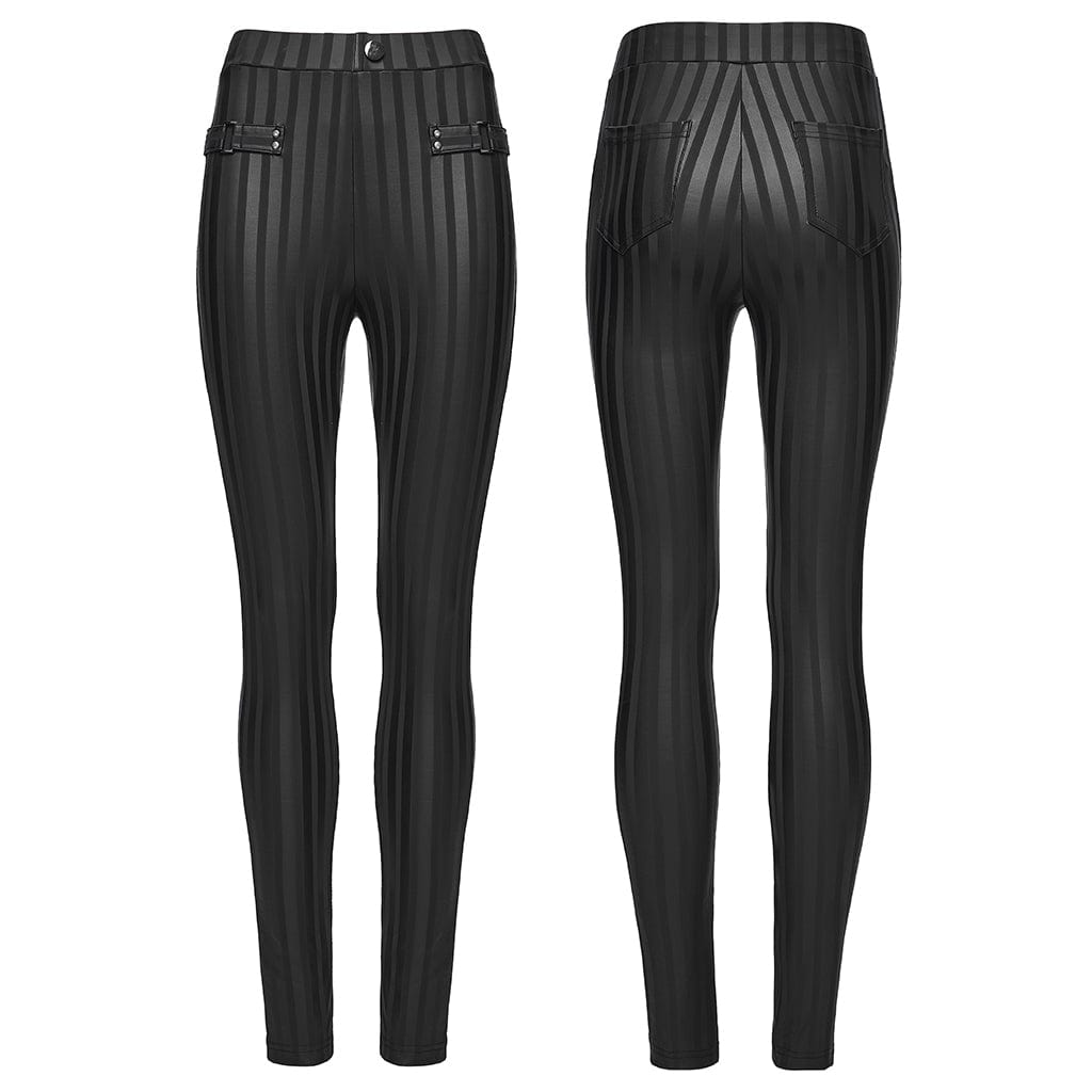 PUNK RAVE Women's Gothic Stripe Faux Leather Leggings