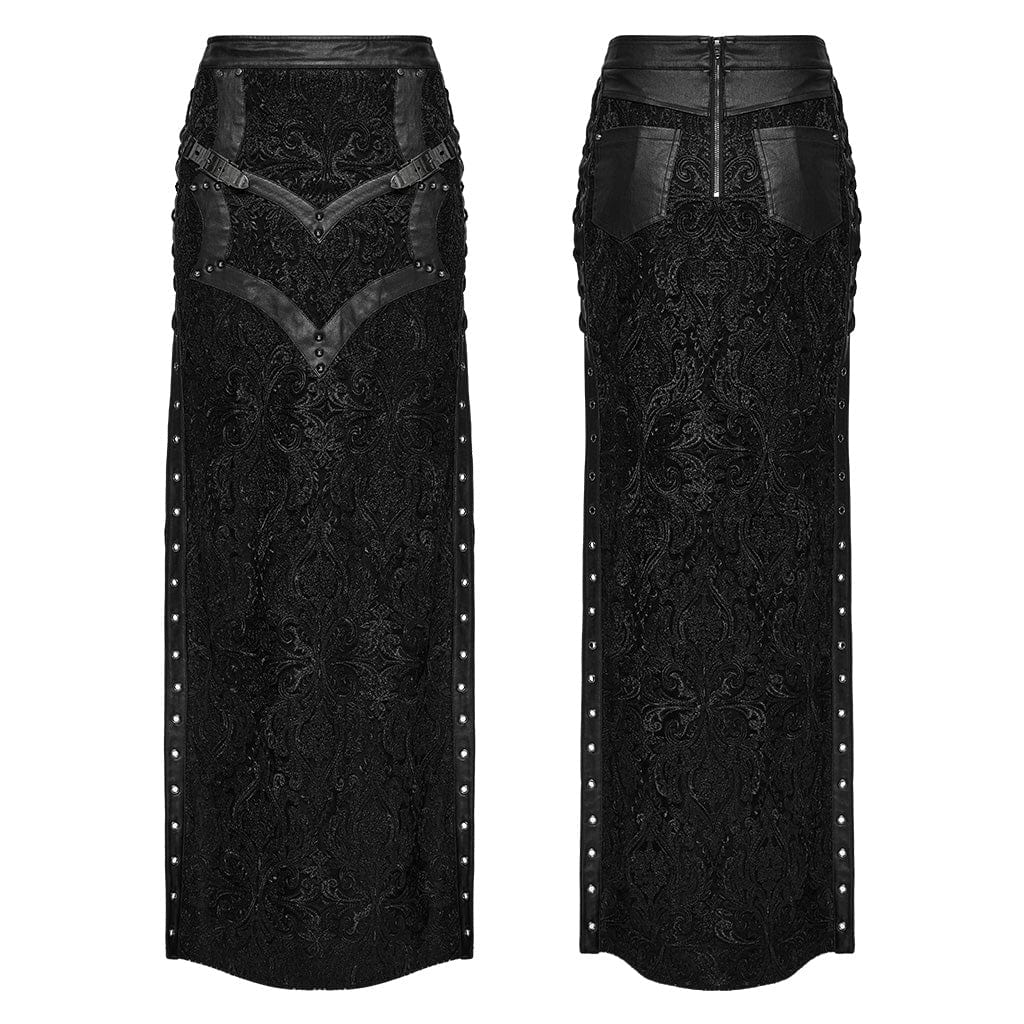 PUNK RAVE Women's Gothic Studded Embossed Lace-up Skirt