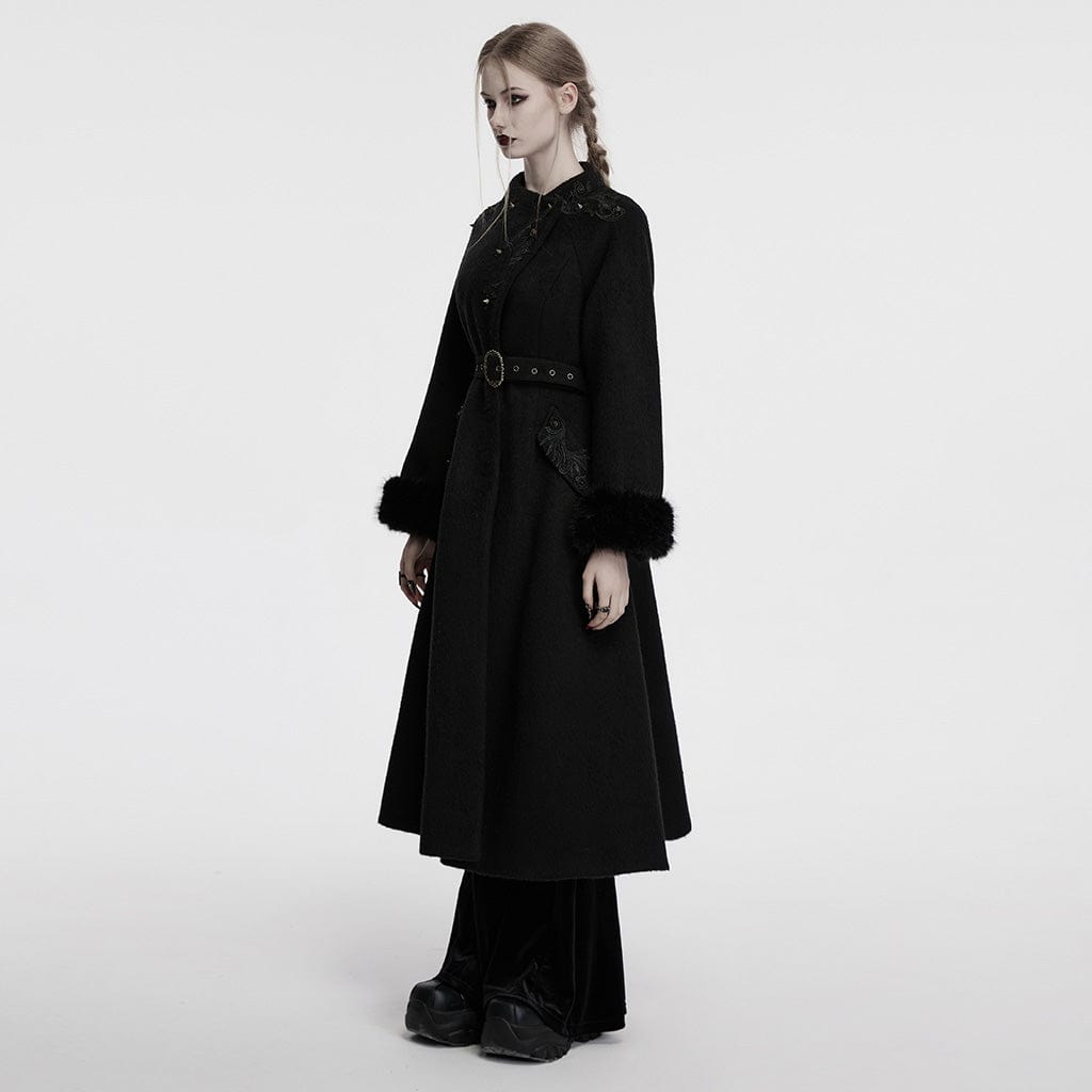 PUNK RAVE Women's Gothic Studded Floral Embroidered Faux Fur Splice Coat