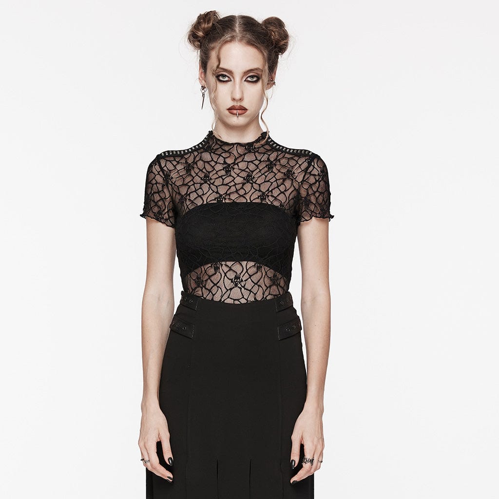 PUNK RAVE Women's Gothic Studded Skull Mesh Top