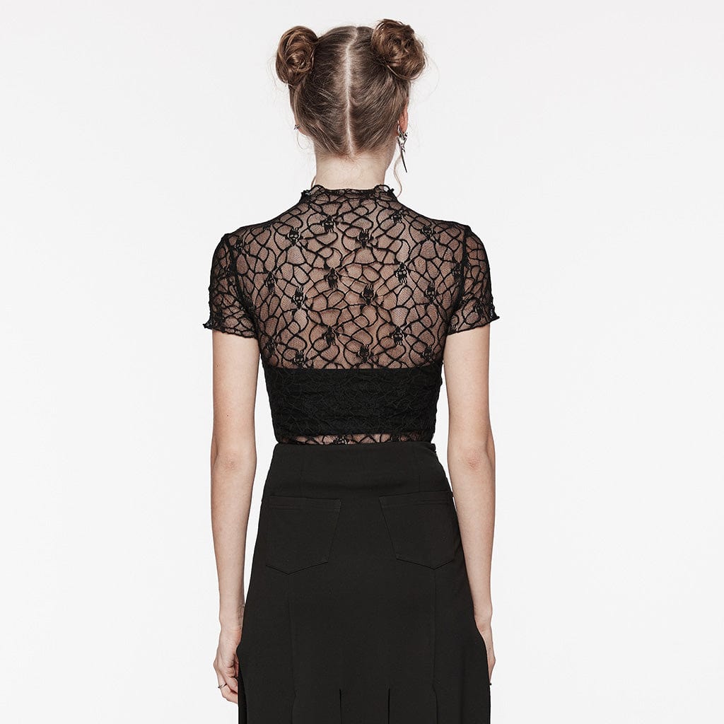 PUNK RAVE Women's Gothic Studded Skull Mesh Top