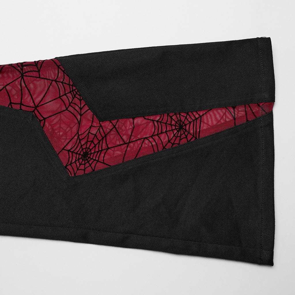 PUNK RAVE Women's Gothic Symmetrical Mesh Pointed Flared Pants Black-Red