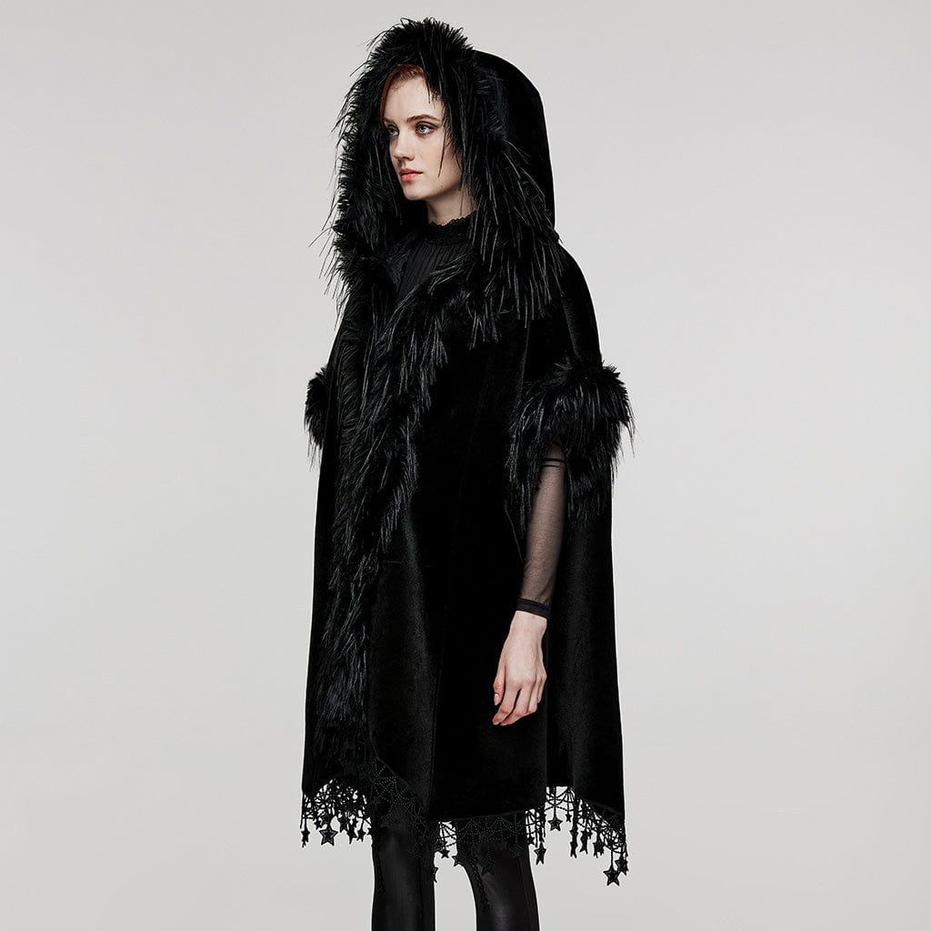 PUNK RAVE Women's Gothic Tassel Faux Fur Splice Velvet Cloak