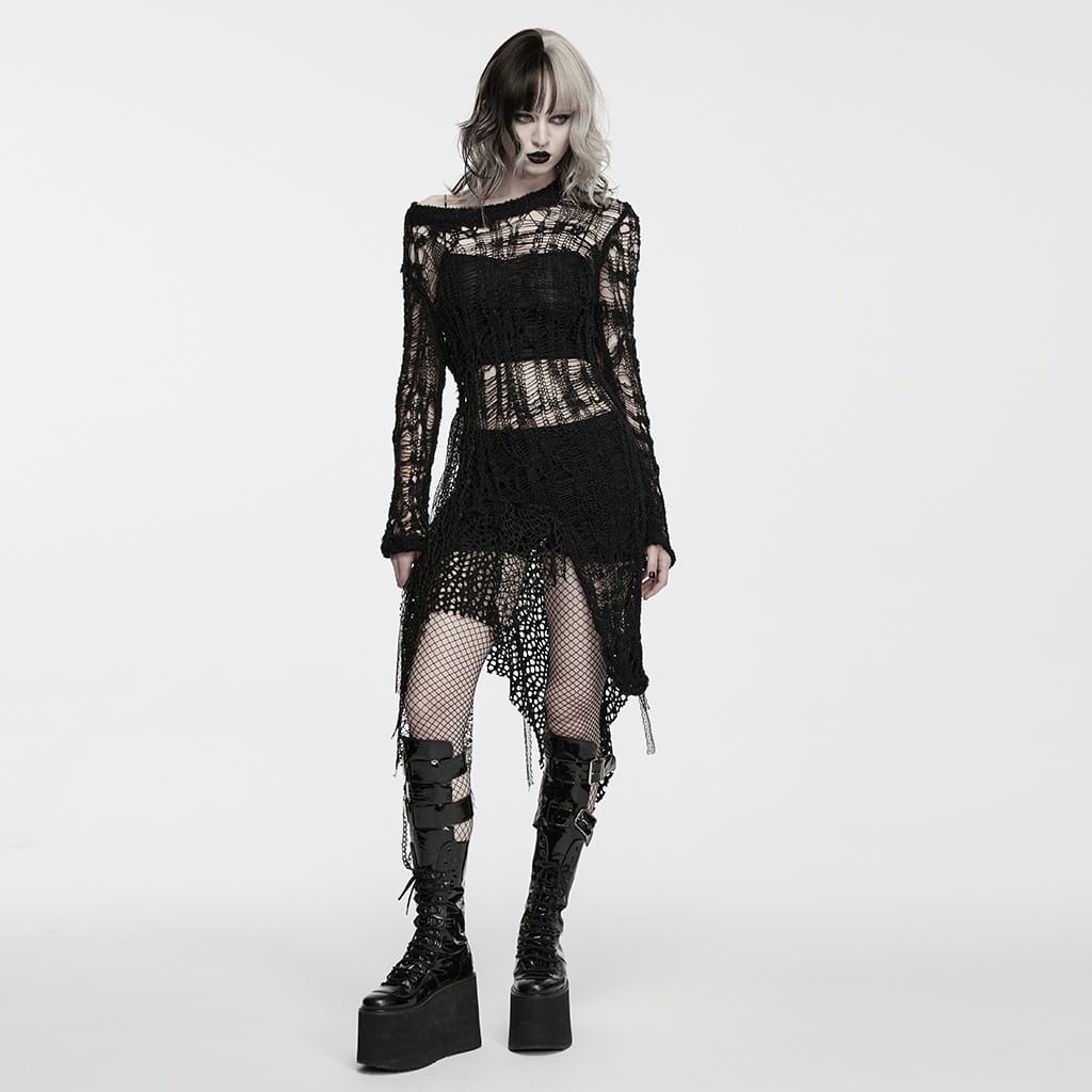 PUNK RAVE Women's Gothic Tattered Irregular Hem Long Sleeve Dress