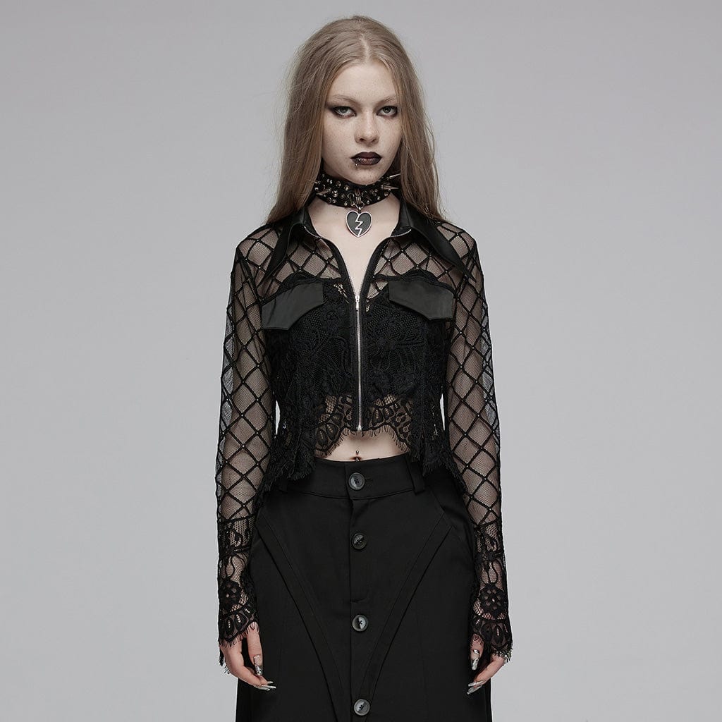 PUNK RAVE Women's Gothic Turn-down Collar Irregular Lace Jacket