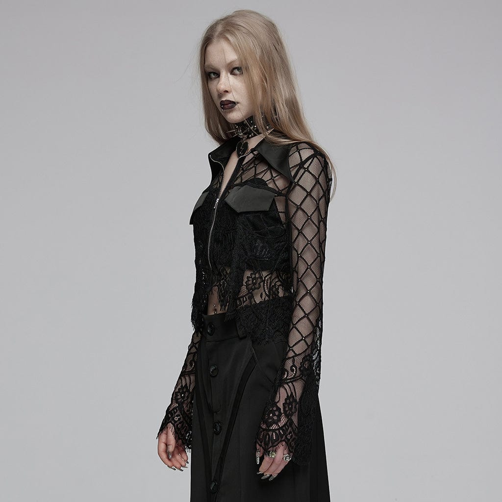 PUNK RAVE Women's Gothic Turn-down Collar Irregular Lace Jacket