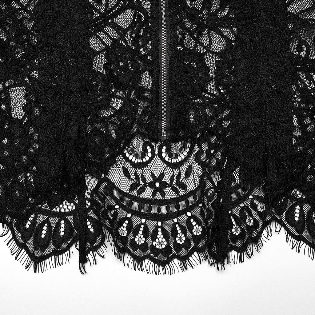 PUNK RAVE Women's Gothic Turn-down Collar Irregular Lace Jacket