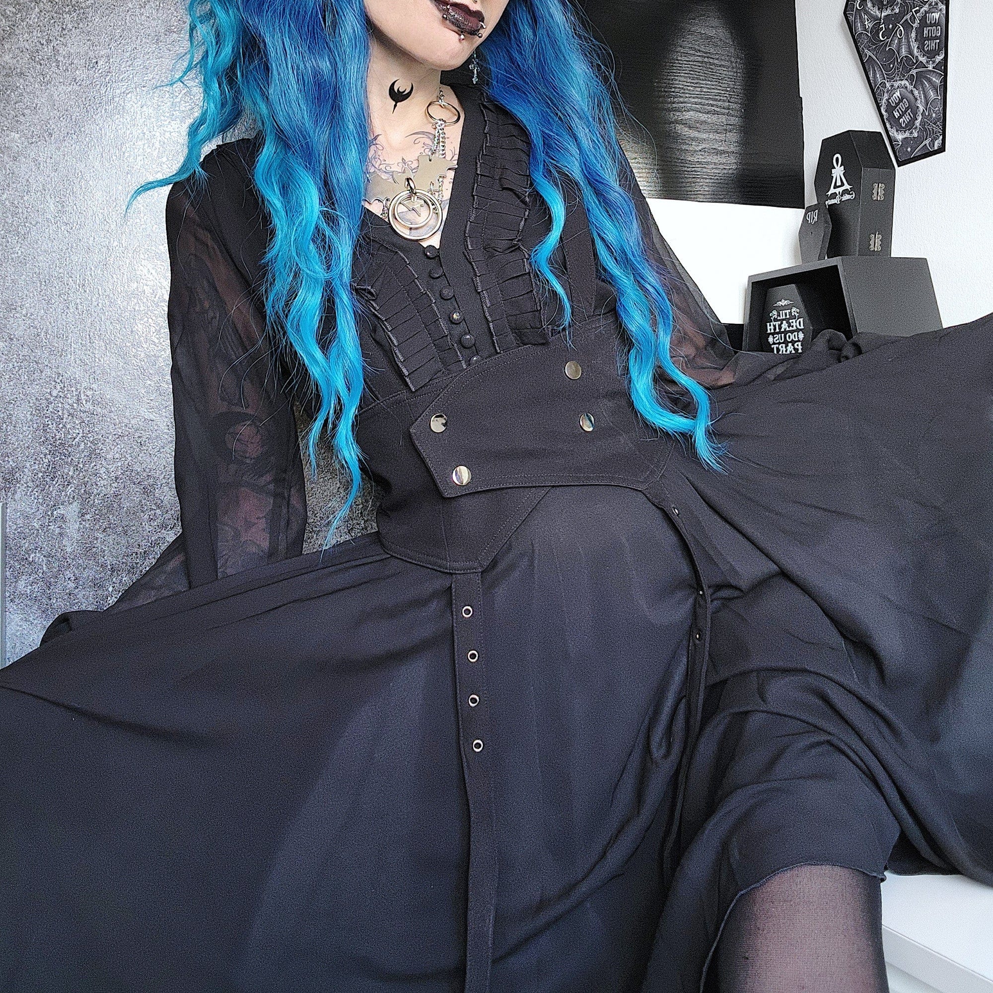 PUNK RAVE Women's Gothic V-neck Long Sleeved Irregular Hem Chiffon Dresses