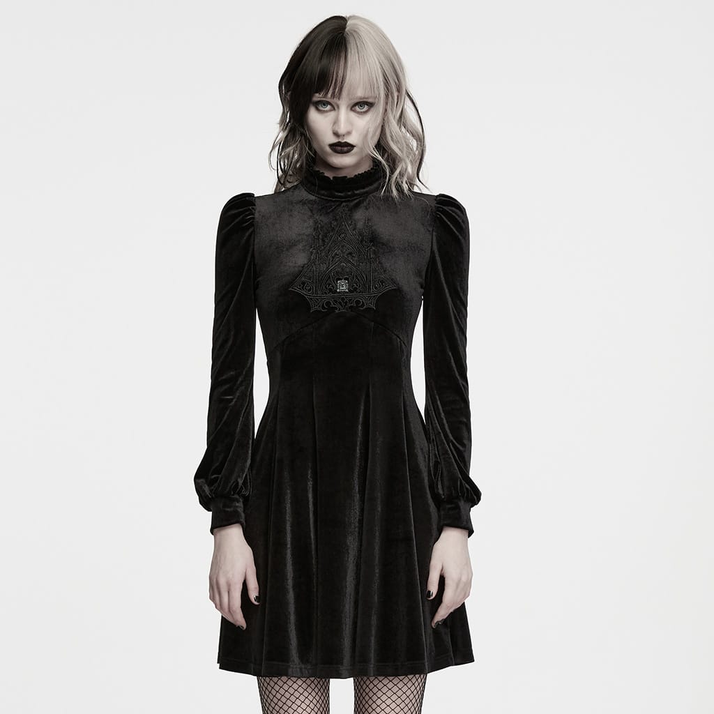 PUNK RAVE Women's Gothic Velvet Embroidered Ruffled High Neck Long Sleeve Dress