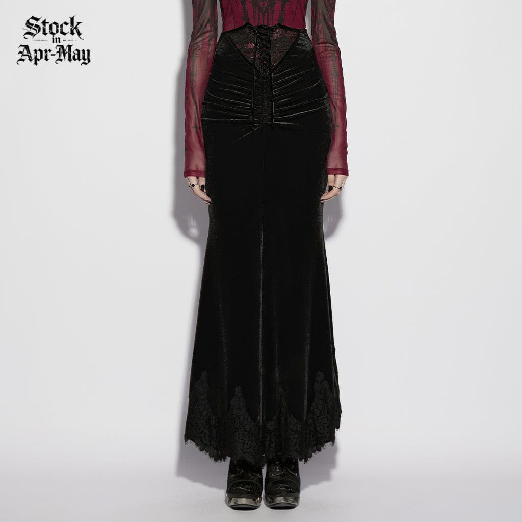 PUNK RAVE Women's Gothic Velvet Ruched Mermaid Skirt Black