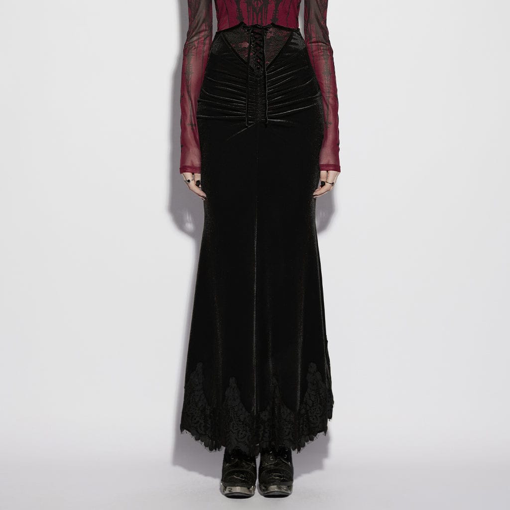 PUNK RAVE Women's Gothic Velvet Ruched Mermaid Skirt Black