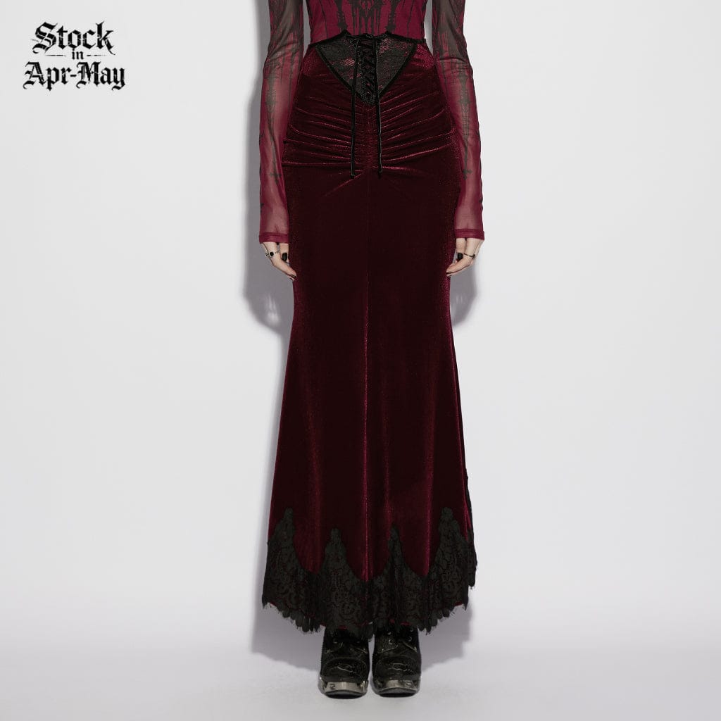 PUNK RAVE Women's Gothic Velvet Ruched Mermaid Skirt Red
