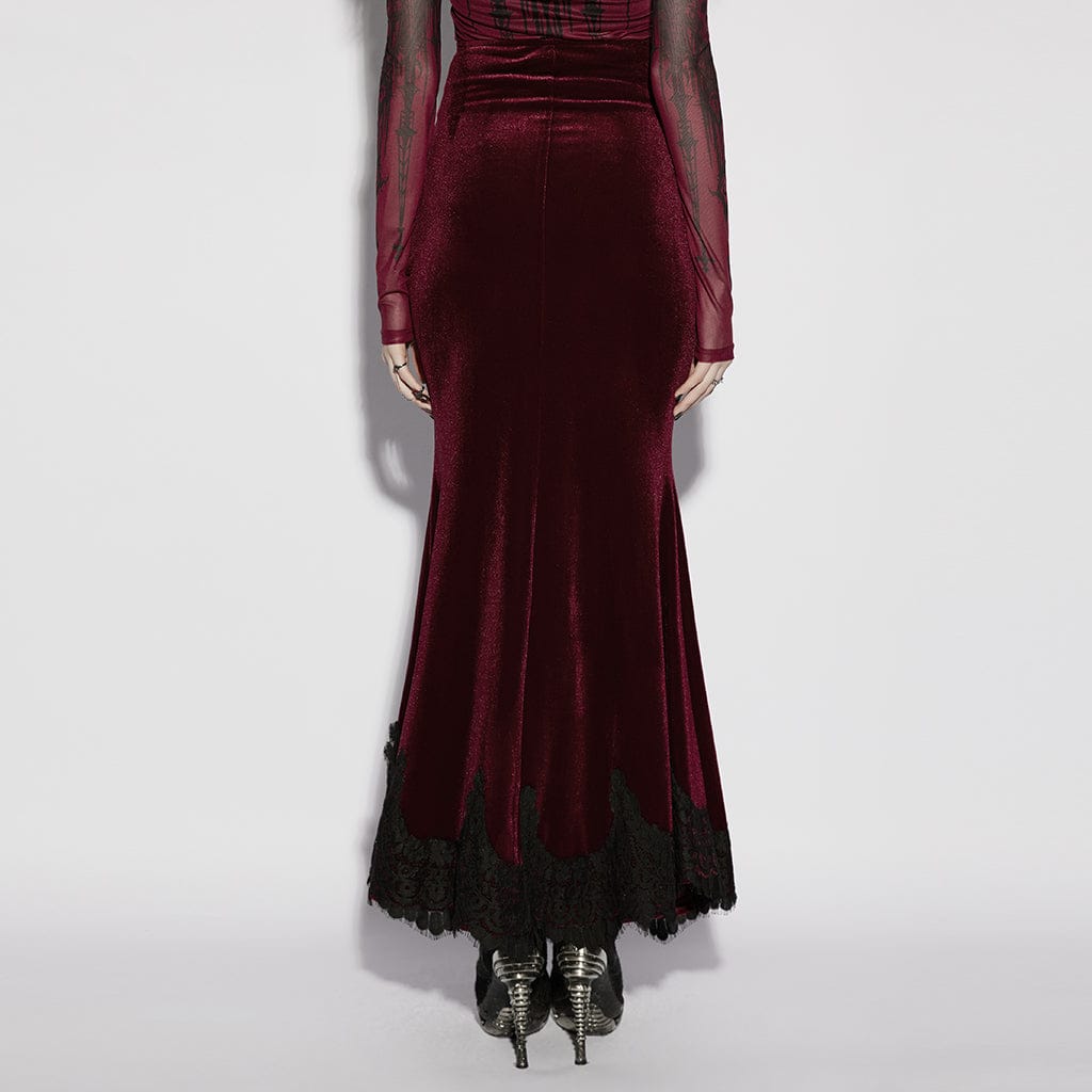 PUNK RAVE Women's Gothic Velvet Ruched Mermaid Skirt Red