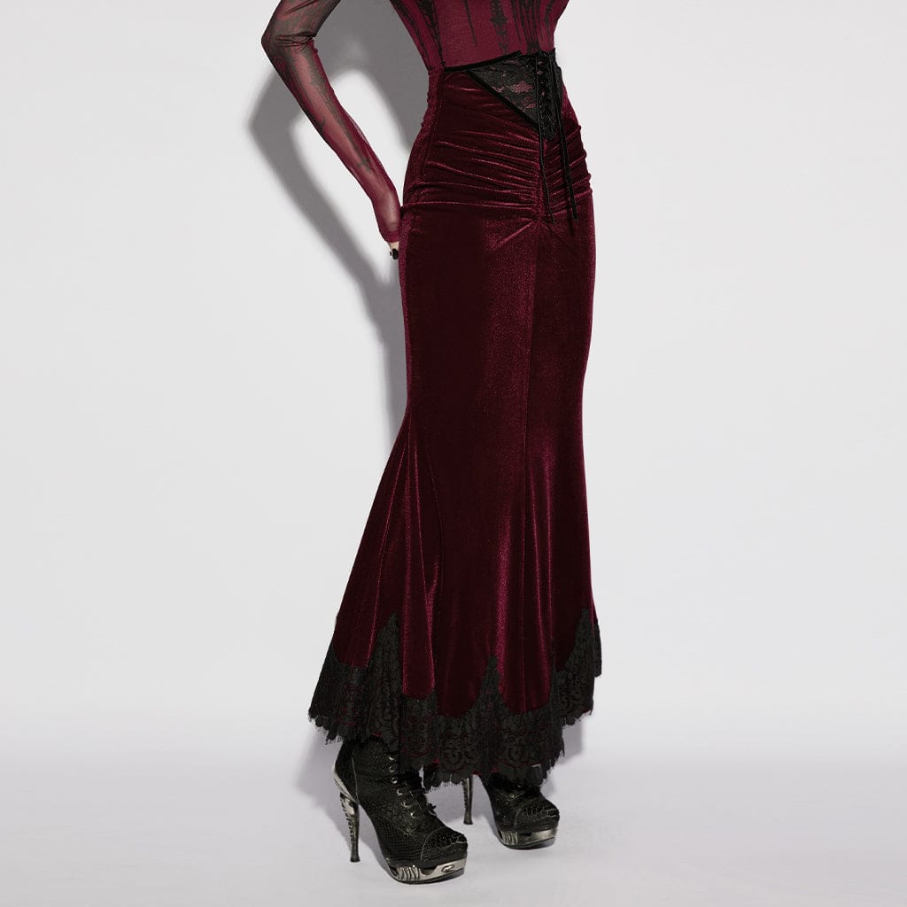PUNK RAVE Women's Gothic Velvet Ruched Mermaid Skirt Red