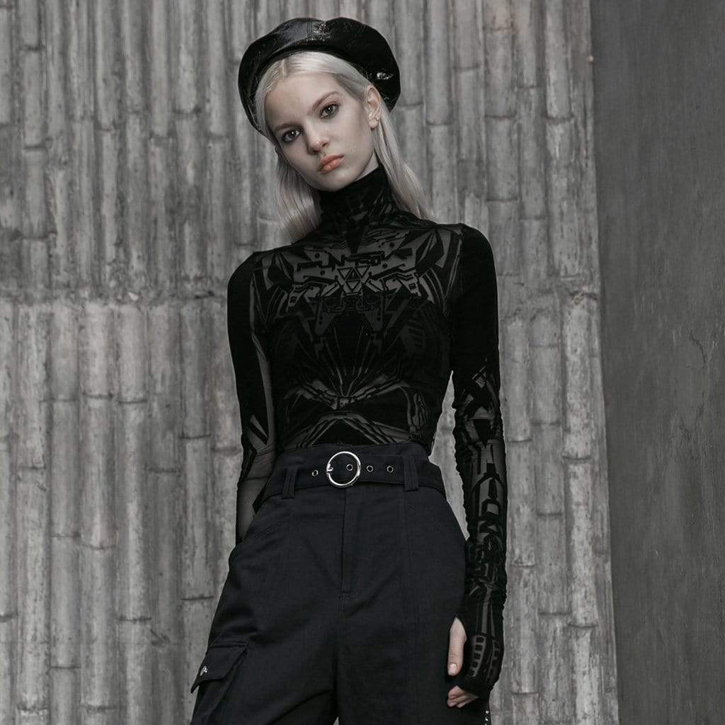 PUNK RAVE Women's Grunge Geometric Pattern Long Sleeve Shirts