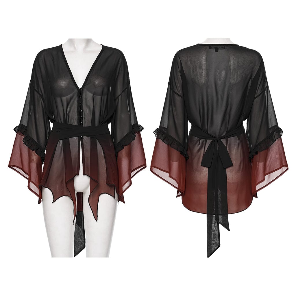 PUNK RAVE Women's Grunge Gradient Flared Sleeve Sheer Chiffon Shirt