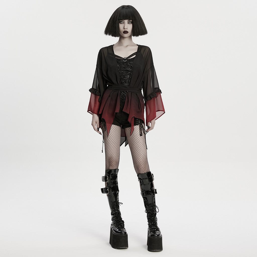 PUNK RAVE Women's Grunge Gradient Flared Sleeve Sheer Chiffon Shirt