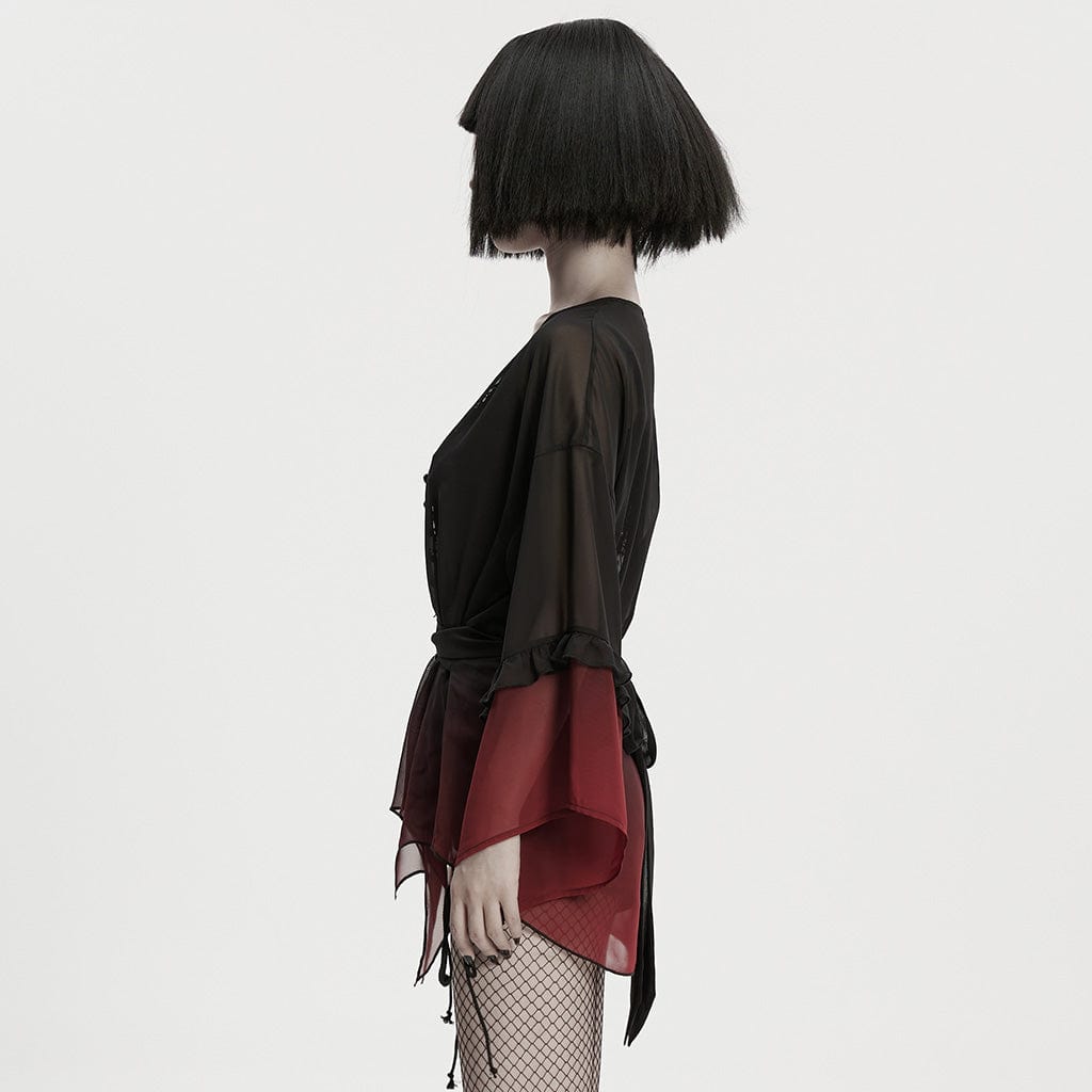 PUNK RAVE Women's Grunge Gradient Flared Sleeve Sheer Chiffon Shirt