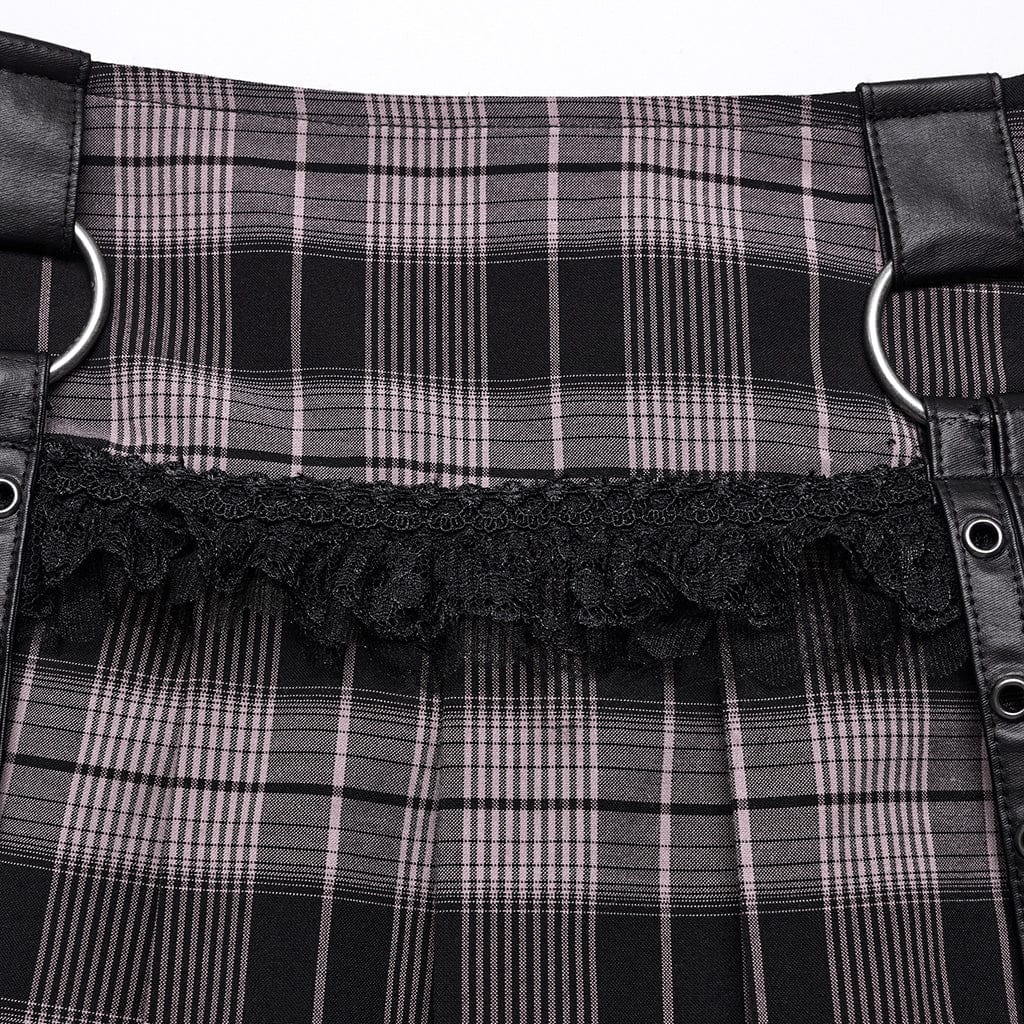 PUNK RAVE Women's Grunge Plaid Eyelet Mesh Ring Pleated Skirt Pink