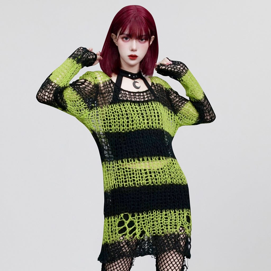 PUNK RAVE Women's Grunge Ripped Stripes Sweater