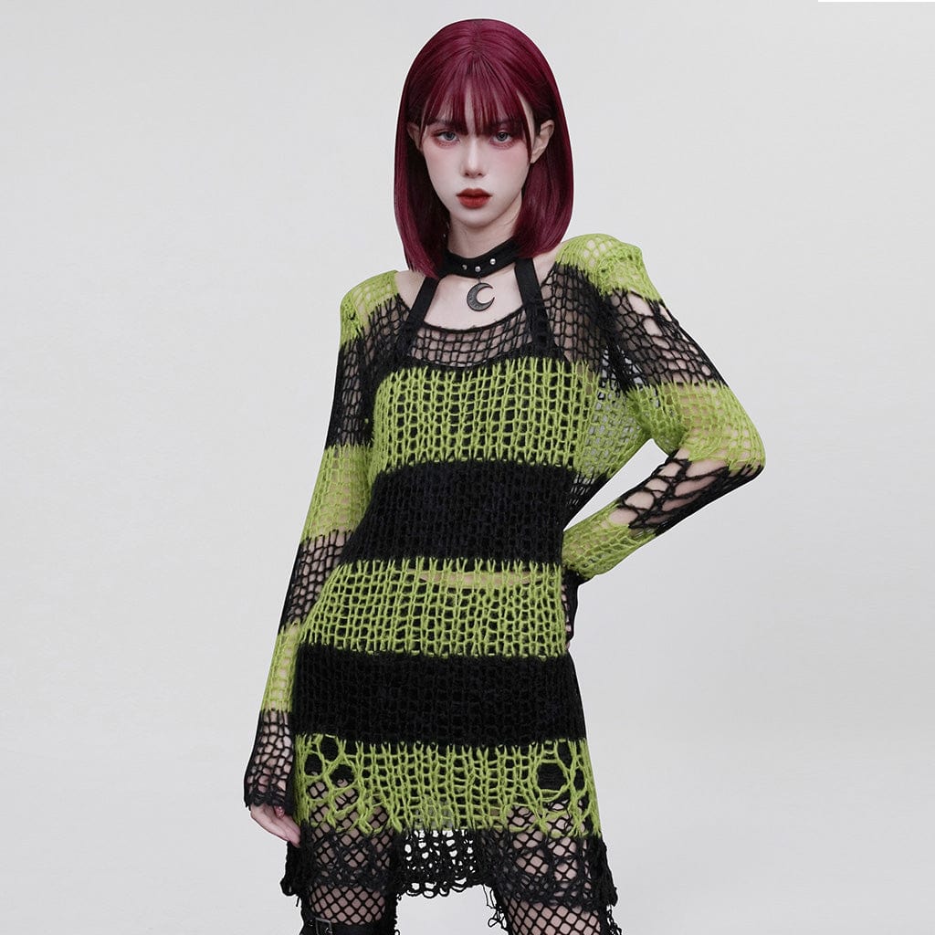 PUNK RAVE Women's Grunge Ripped Stripes Sweater