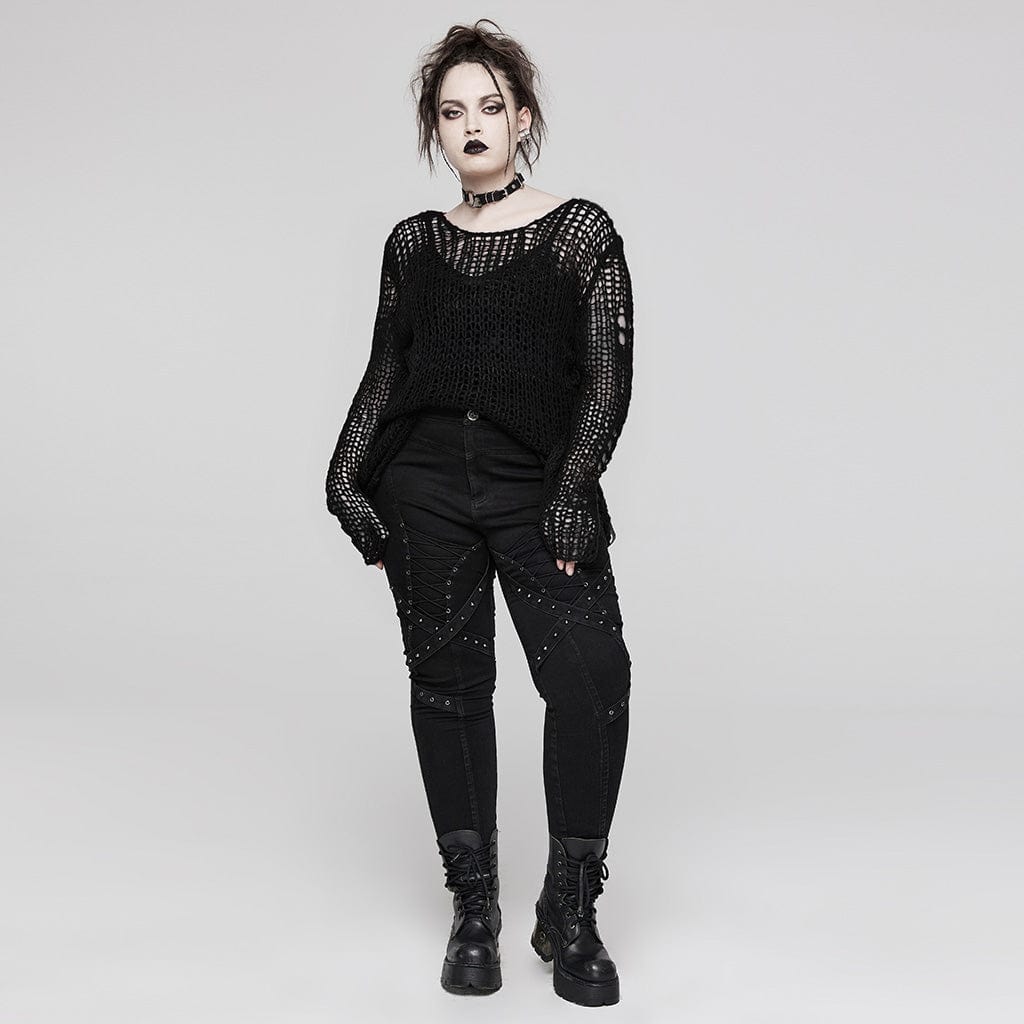 PUNK RAVE Women's Grunge Ripped Stripes Sweater