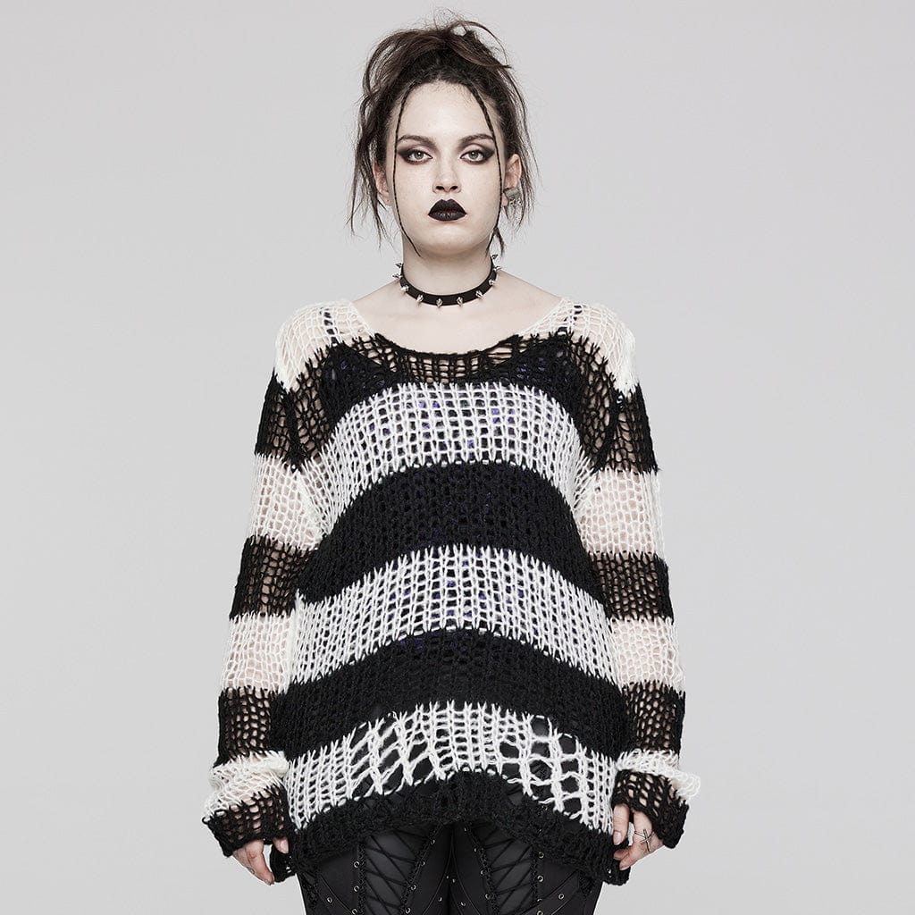 PUNK RAVE Women's Grunge Ripped Stripes Sweater