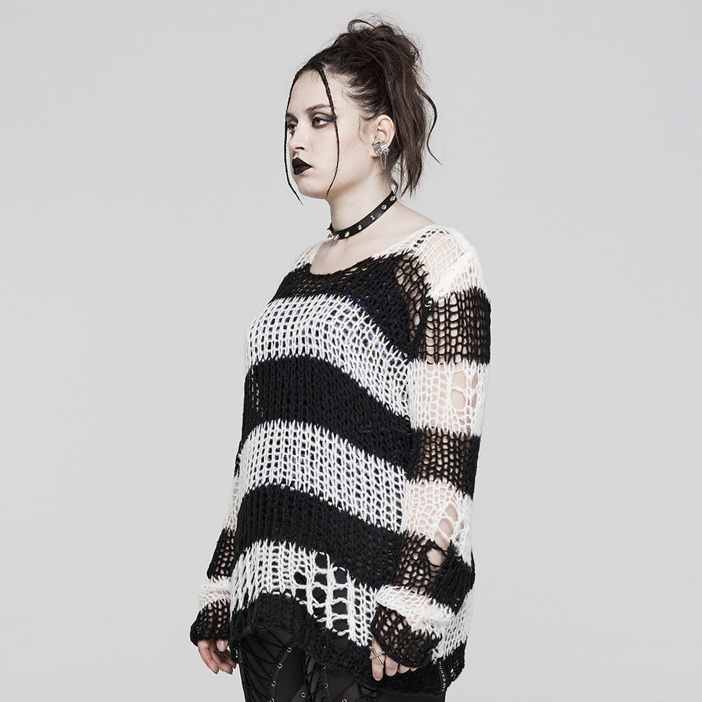 PUNK RAVE Women's Grunge Ripped Stripes Sweater