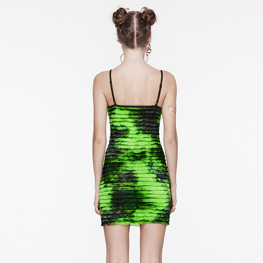 PUNK RAVE Women's Grunge Ruffled Tie-dyed Slip Dress Green