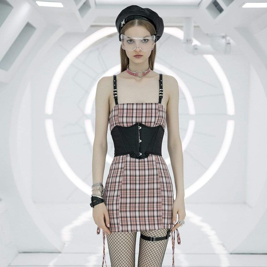 PUNK RAVE Women's Lace-up Ruched Fitted Plaid Slip Dresses