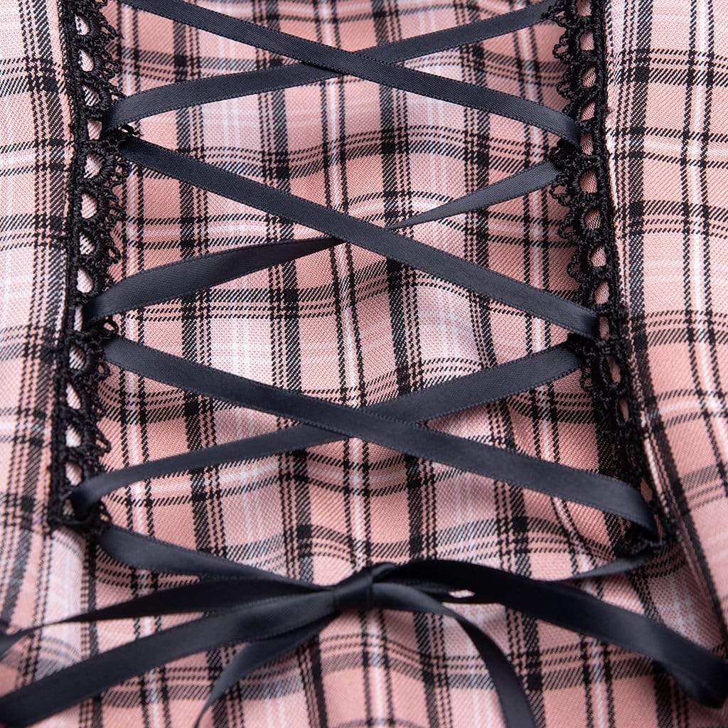 PUNK RAVE Women's Lace-up Ruched Fitted Plaid Slip Dresses