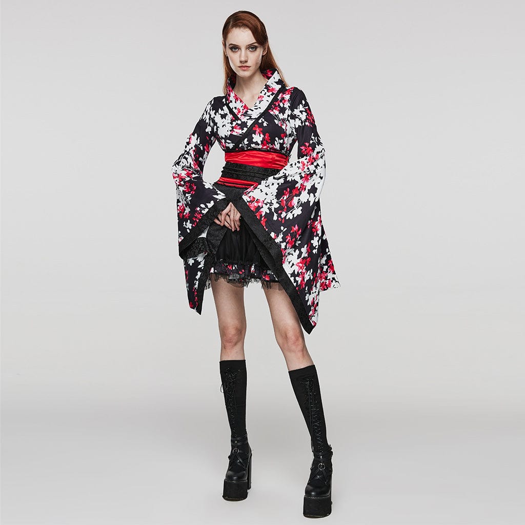 PUNK RAVE Women's Lolita Floral Printed Kimono with Skirt