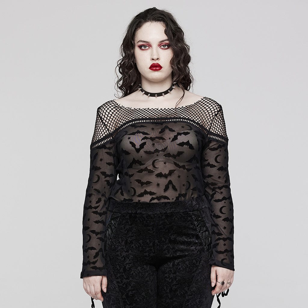 PUNK RAVE Women's Plus Size Gothic Bat Mesh Shirt