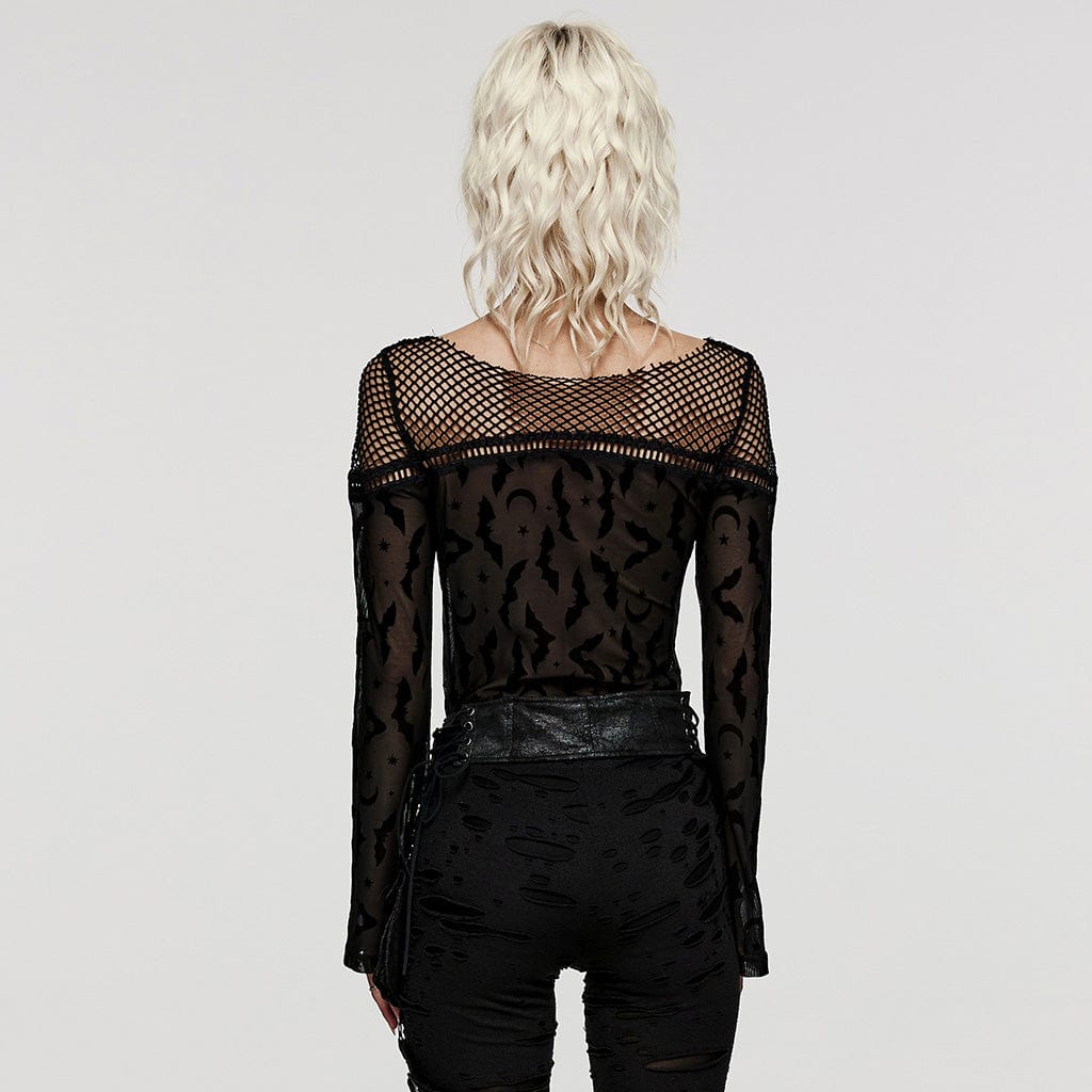 PUNK RAVE Women's Plus Size Gothic Bat Mesh Shirt