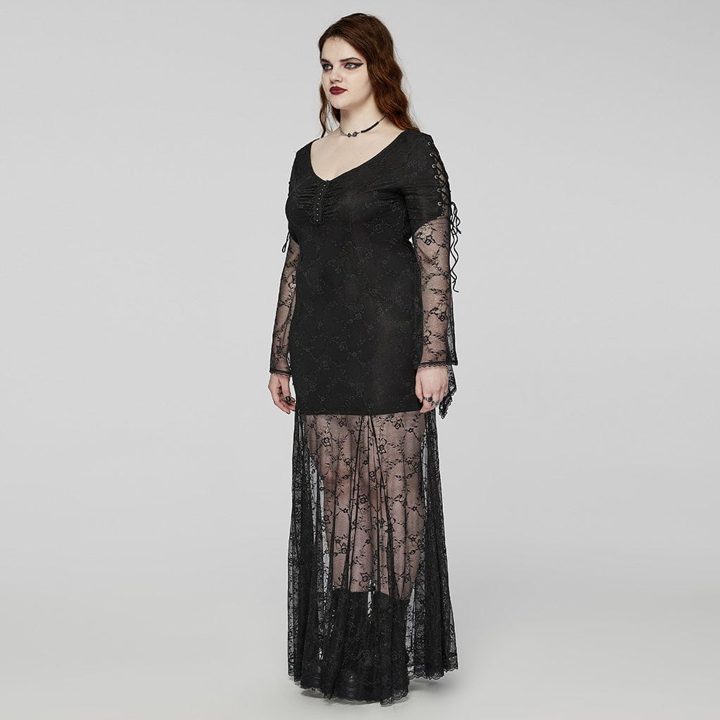 PUNK RAVE Women's Plus Size Gothic Flared Sleeved Lace-up Lace Prom Dress