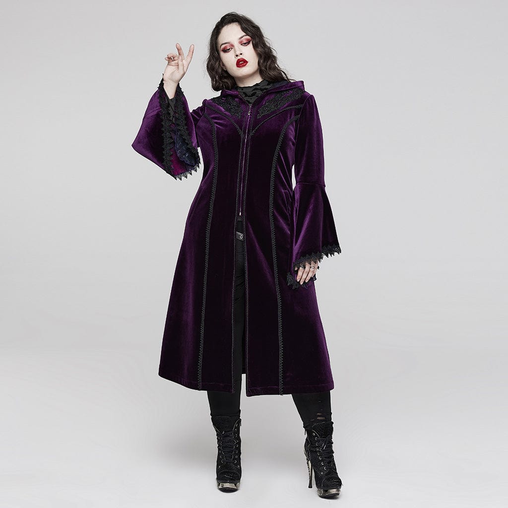 Women's Plus Size Gothic Flared Sleeved Velvet Coat with Hood Punk Design