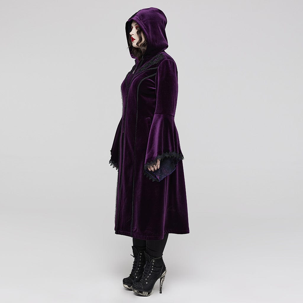 PUNK RAVE Women's Plus Size Gothic Flared Sleeved Velvet Coat with Hood
