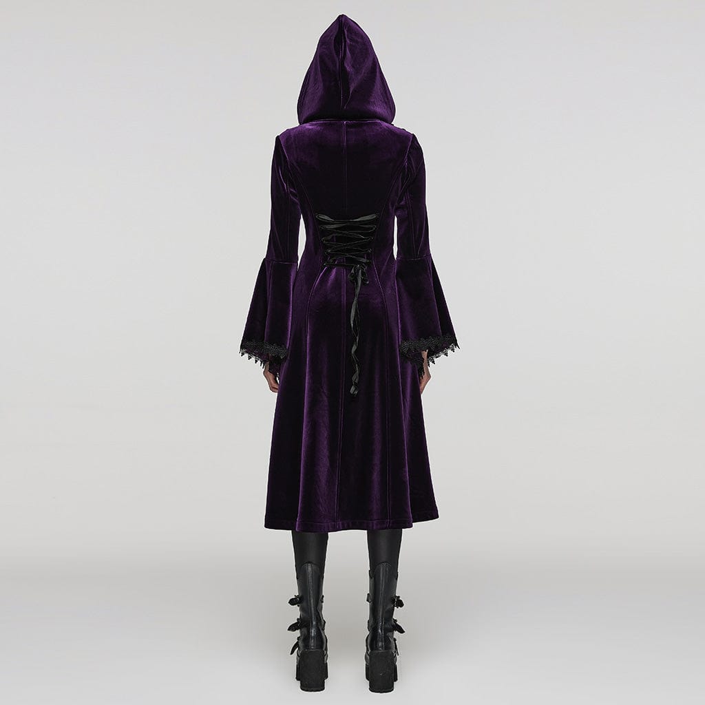 PUNK RAVE Women's Plus Size Gothic Flared Sleeved Velvet Coat with Hood