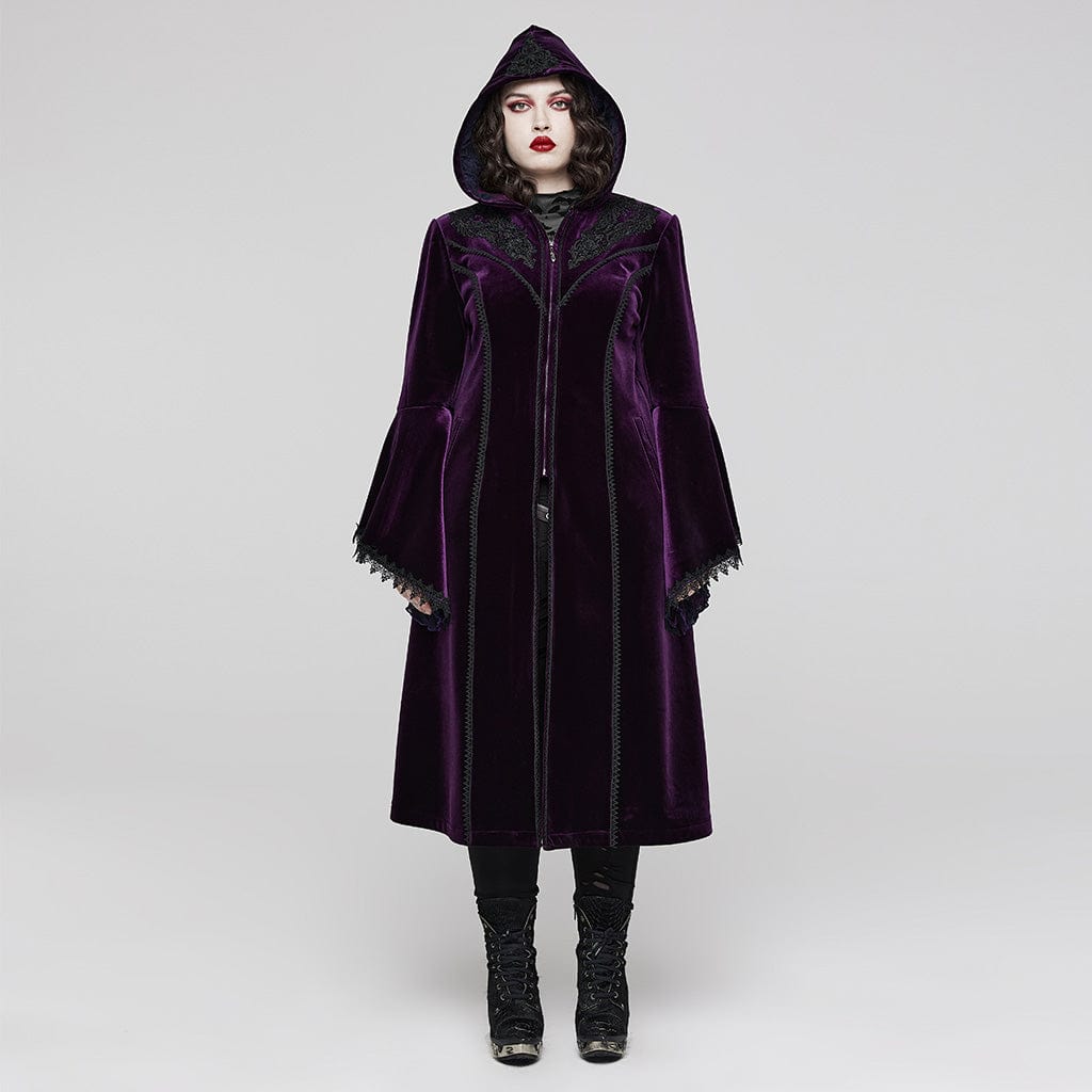 PUNK RAVE Women's Plus Size Gothic Flared Sleeved Velvet Coat with Hood