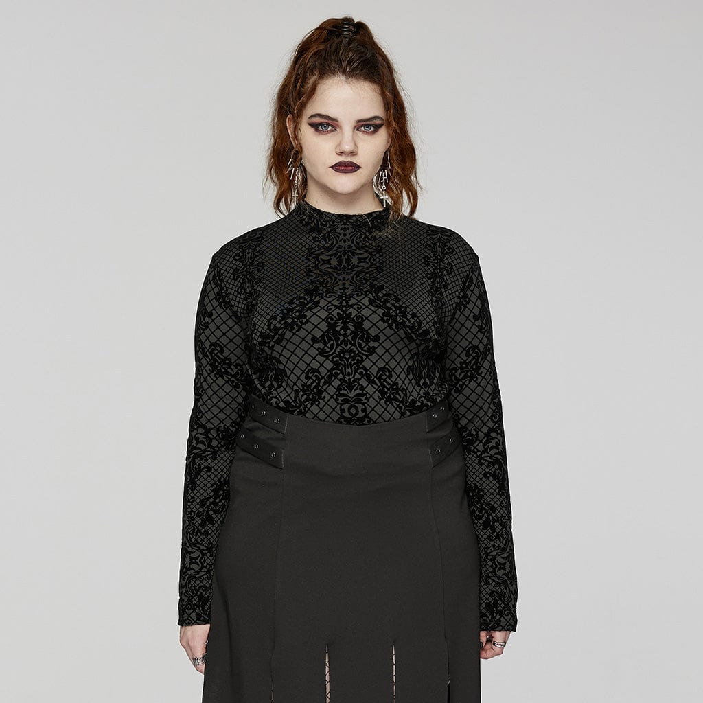 PUNK RAVE Women's Plus Size Gothic Flocking Shirt