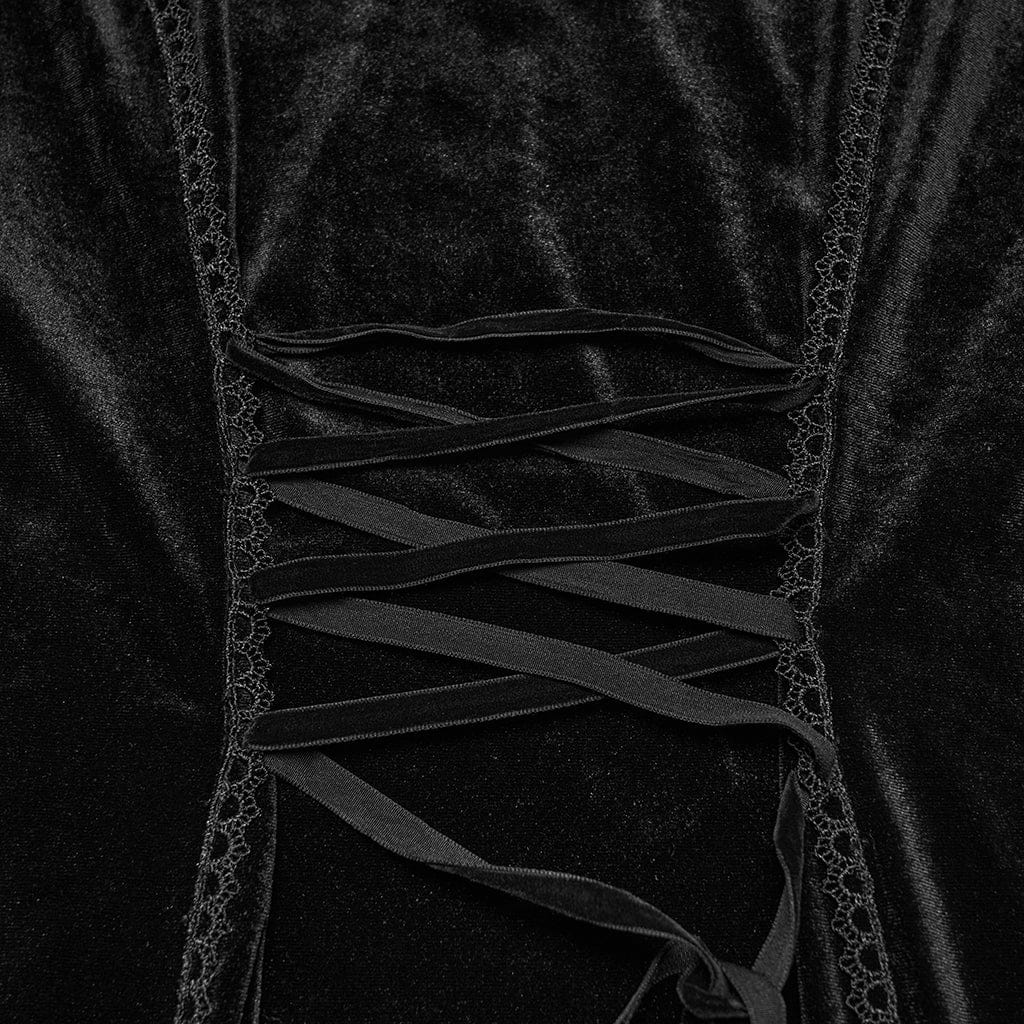 PUNK RAVE Women's Plus Size Gothic Floral Embroidered Lace Splice Velvet Gown Dress Black