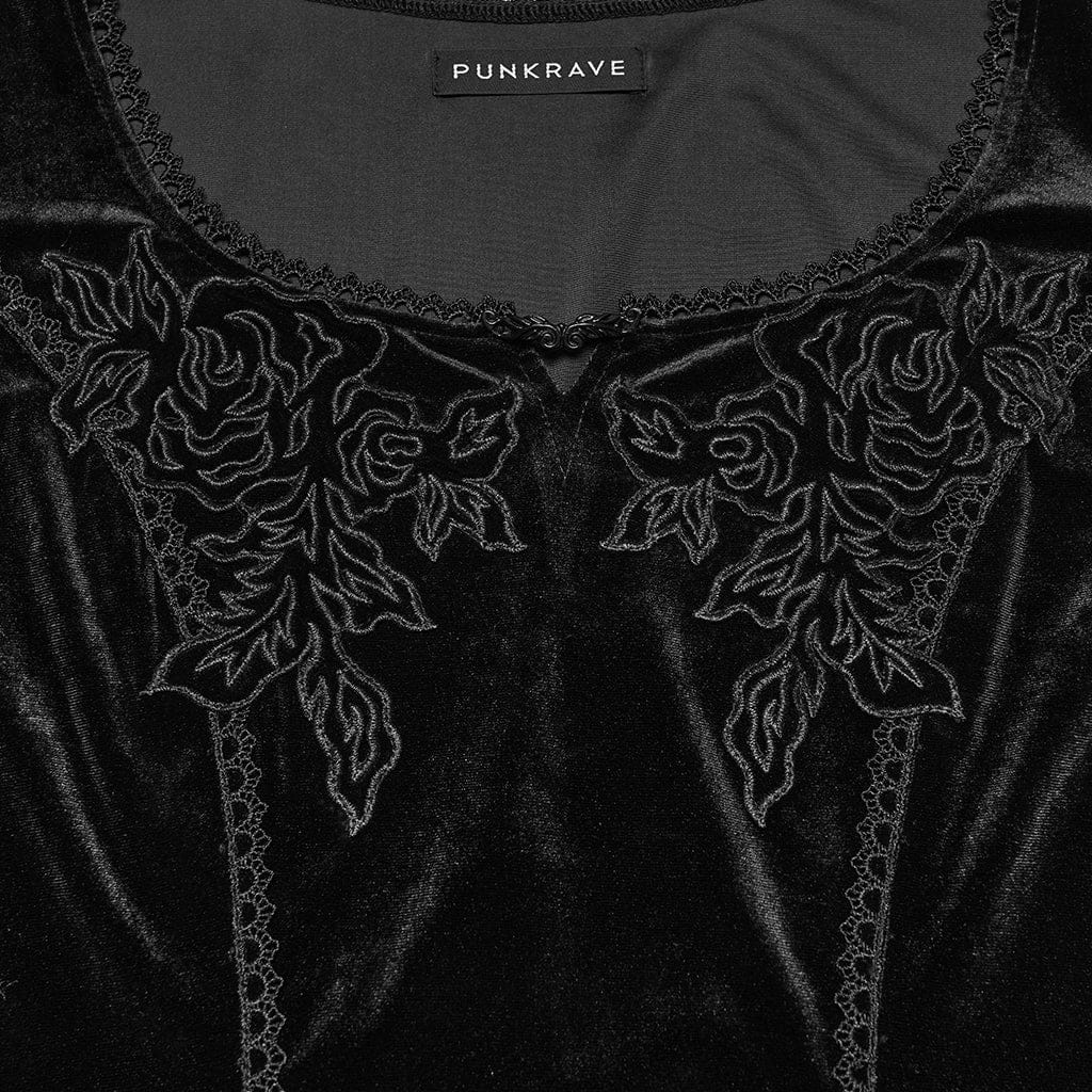 PUNK RAVE Women's Plus Size Gothic Floral Embroidered Lace Splice Velvet Gown Dress Black