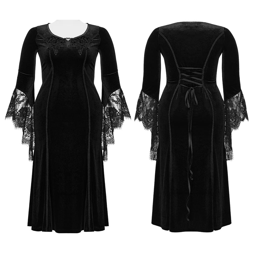 PUNK RAVE Women's Plus Size Gothic Floral Embroidered Lace Splice Velvet Gown Dress Black