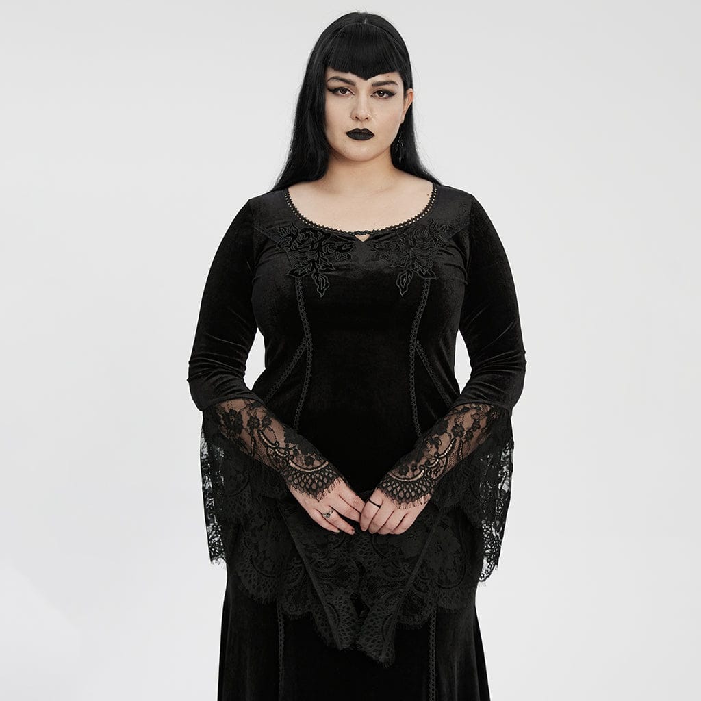 PUNK RAVE Women's Plus Size Gothic Floral Embroidered Lace Splice Velvet Gown Dress Black
